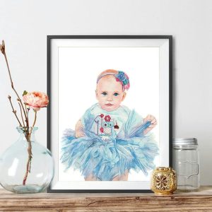 Watercolor portrait of a child in a blue dress