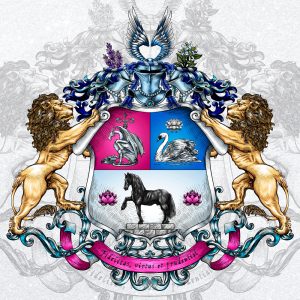 Modern family coat of arms with a black horse