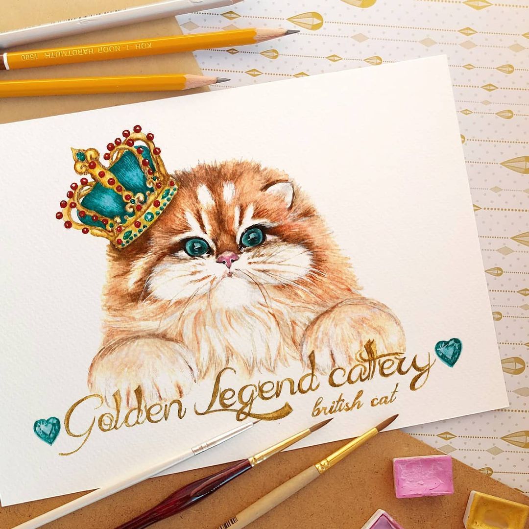 Акварельный рисунок британский кот в золотой короне