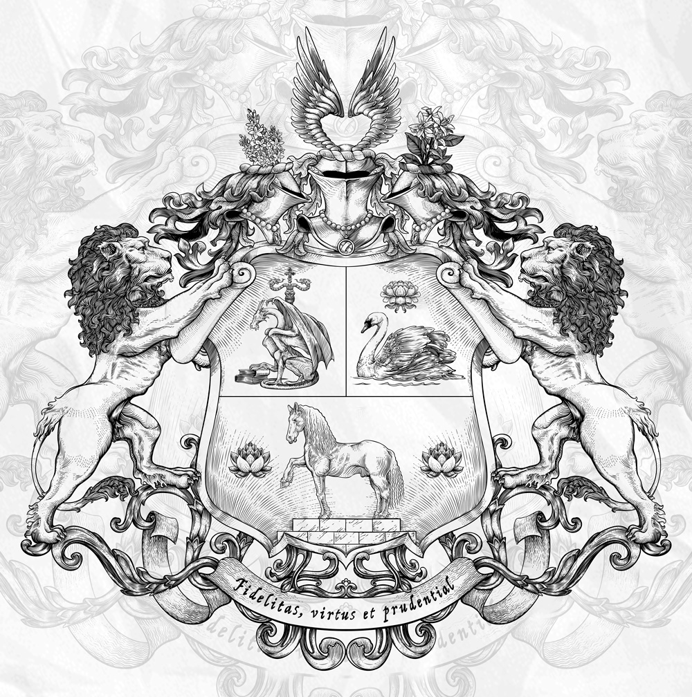 sketch of the family coat of arms with a swan and a horse