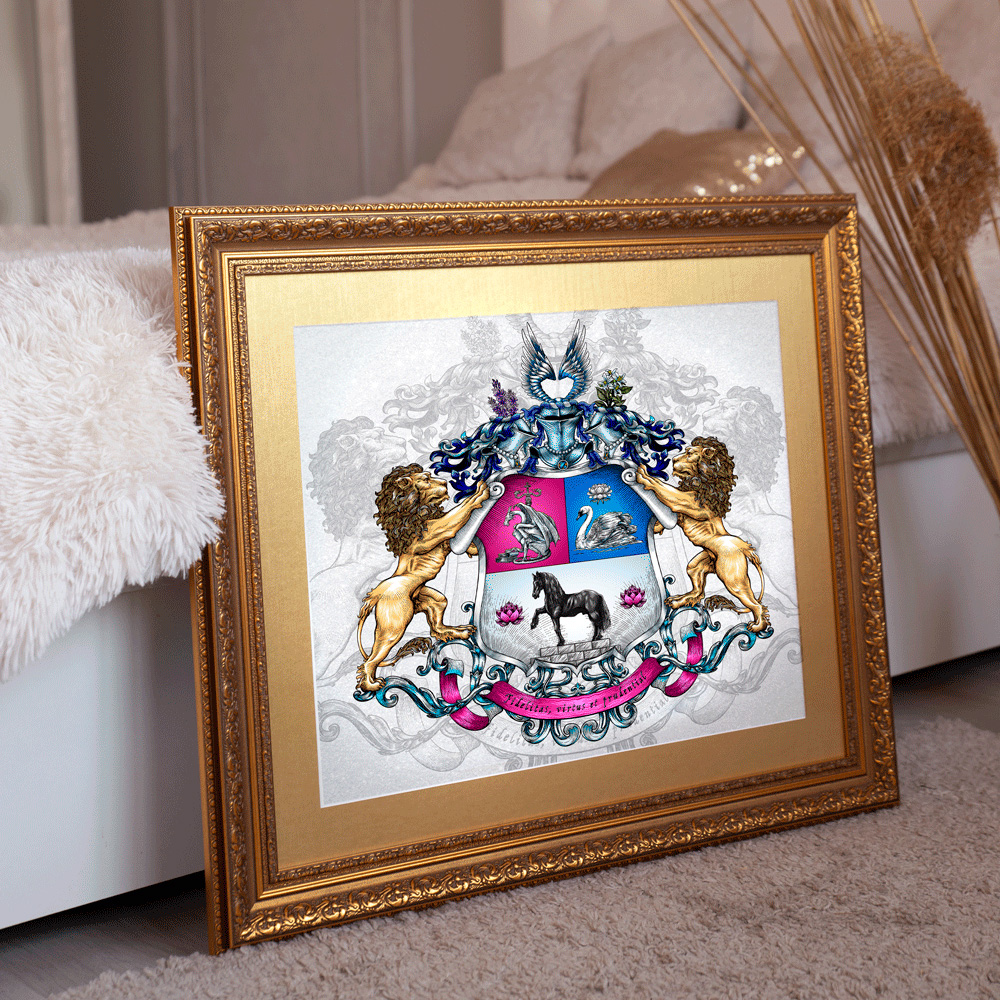 Family coat of arms with a black horse in a frame