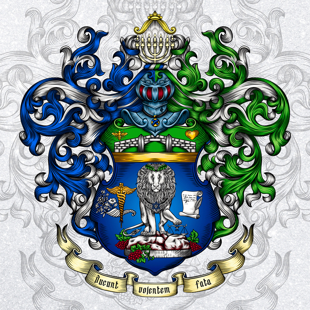 герб роду з левом та іншими геральдичними символами