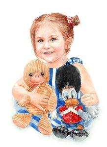 Watercolor portrait of a girl with toys