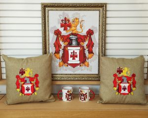 pillows and cups with the family coat of arms