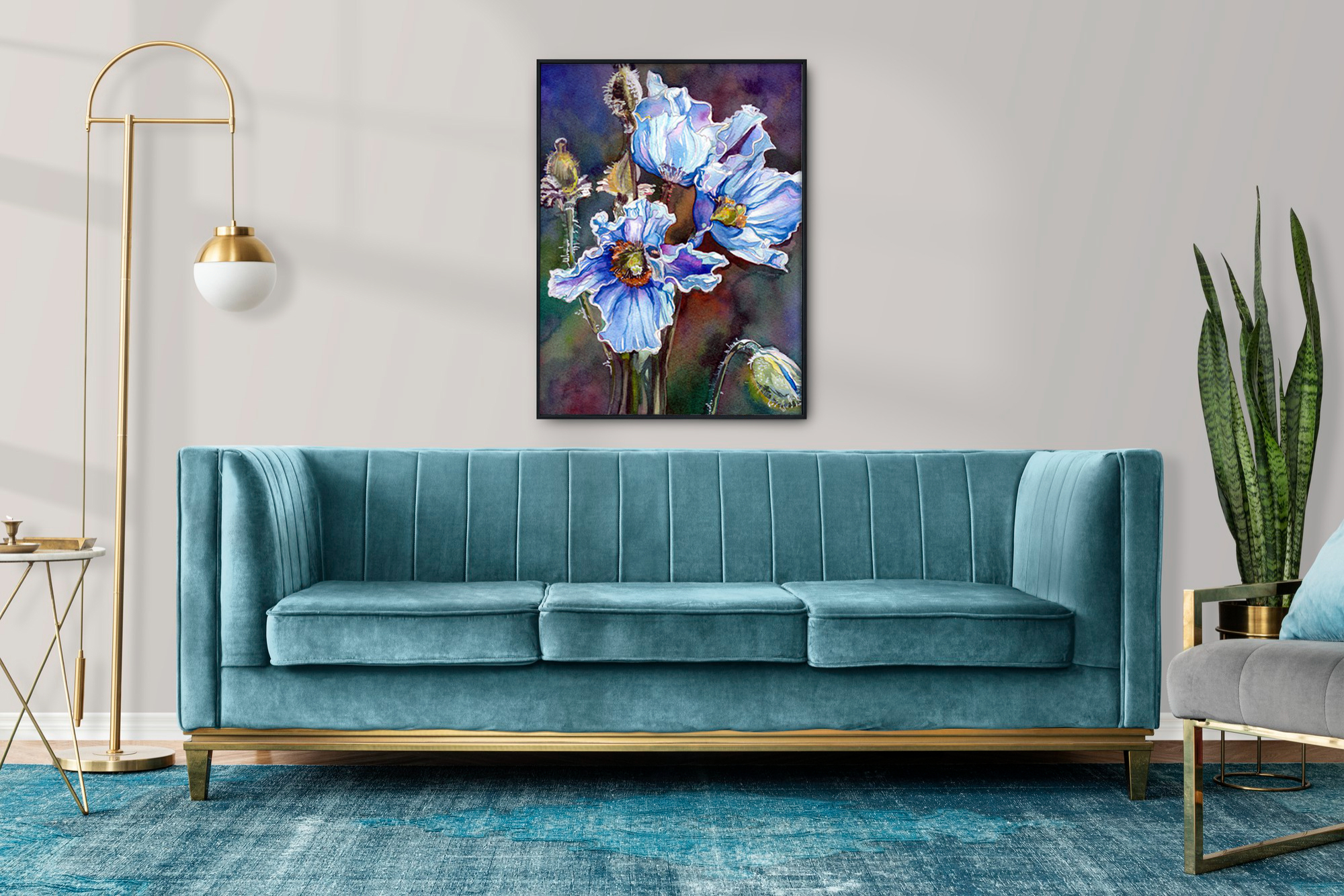 Картина над диваном синие маки