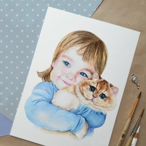 Watercolor portrait of a girl with a British cat