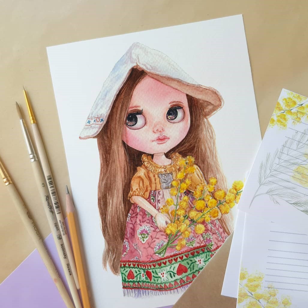 Blythe doll watercolor drawing