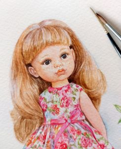 illustration aquarelle avec poupée fille