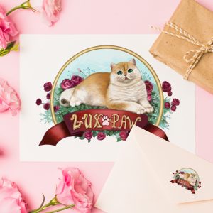 открытка с британским котом и розами