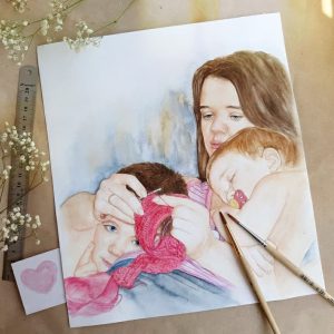 Livre un portrait de la mère et des enfants à partir d'une photo aquarelle
