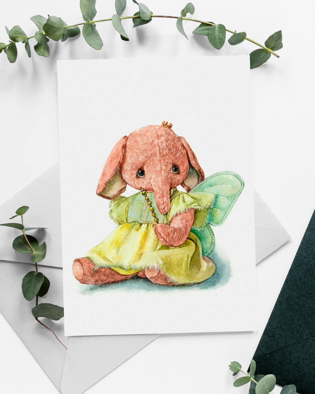 watercolor postcard toy elephant in a dress
