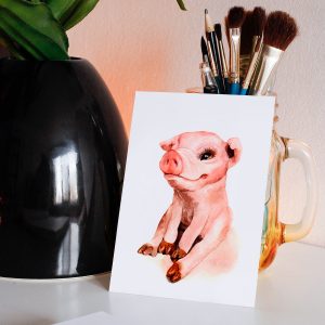 акварельная открытка с домашней свинкой