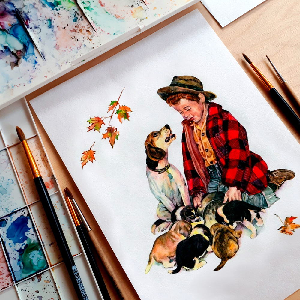 Order watercolor picture of a baby feeding puppies