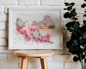 картина ручная акварель восточный замок и сакура