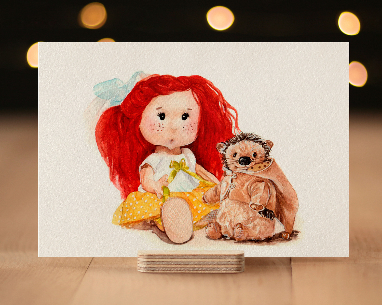 watercolor postcard doll with a hedgehog