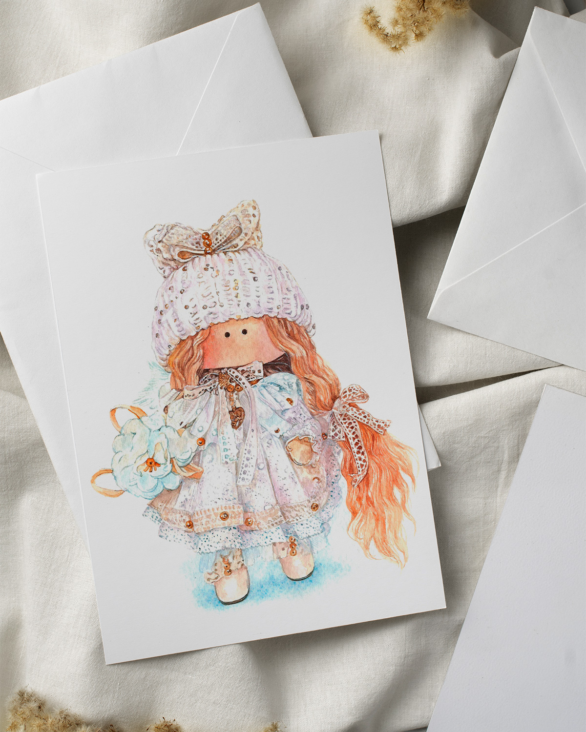 aquarelle carte postale poupée dans une robe blanche