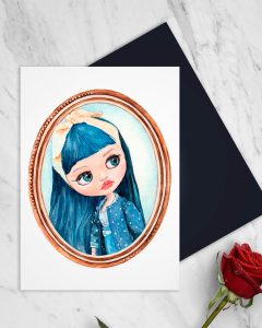 original watercolor postcard of a blue-haired doll