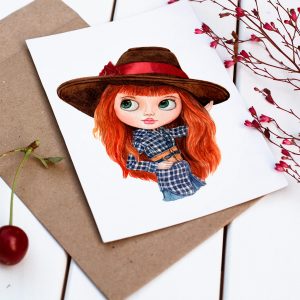 aquarelle carte postale poupée rousse chemisier