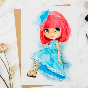 portrait aquarelle poupée blythe en robe bleue