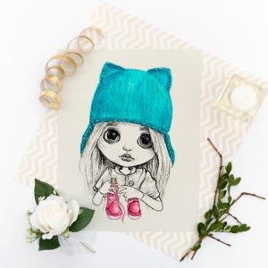 portrait à l'aquarelle d'une poupée blythe dans un chapeau bleu personnalisé