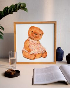 watercolor painting with a teddy bear in a dress