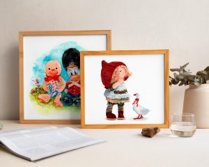 watercolor paintings with toys and dolls