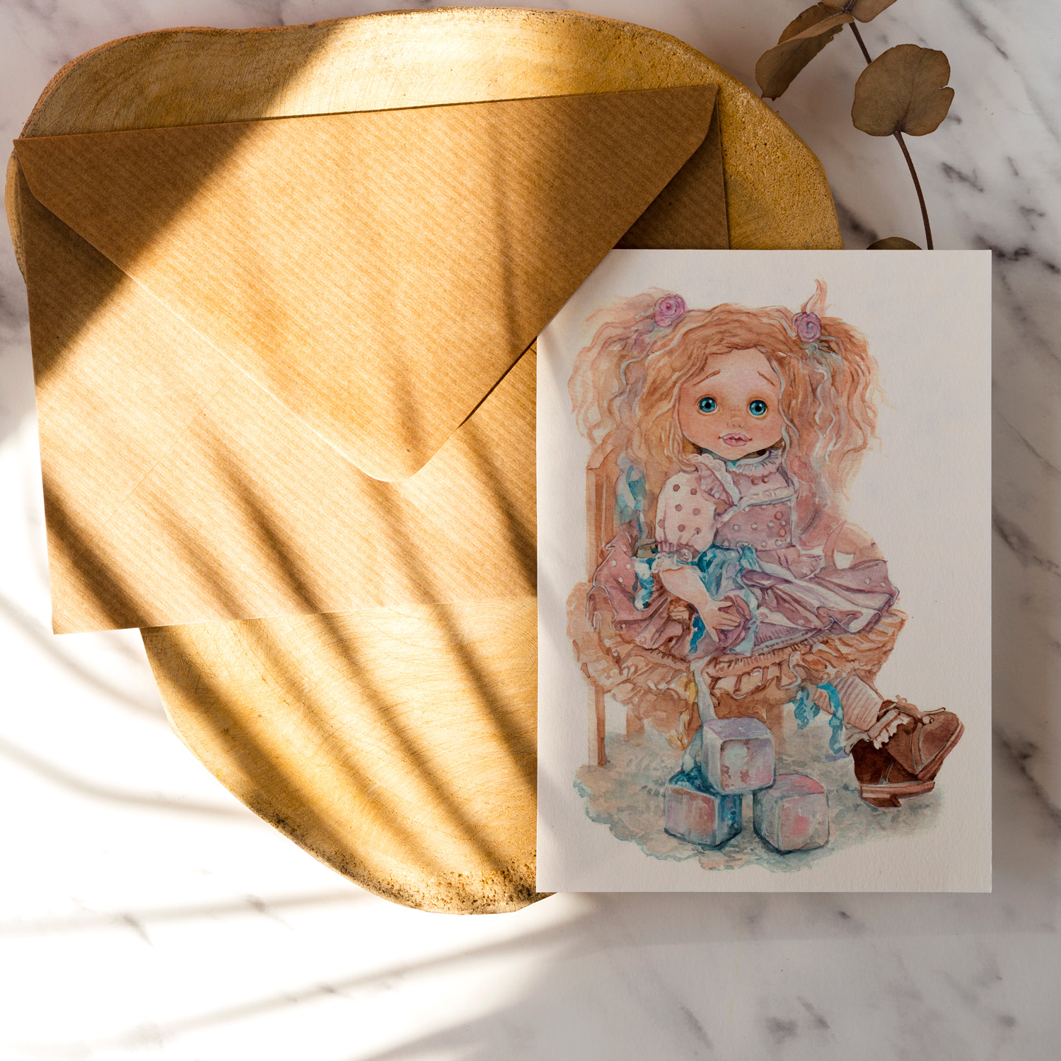 drawing watercolor cards with shabby chic doll