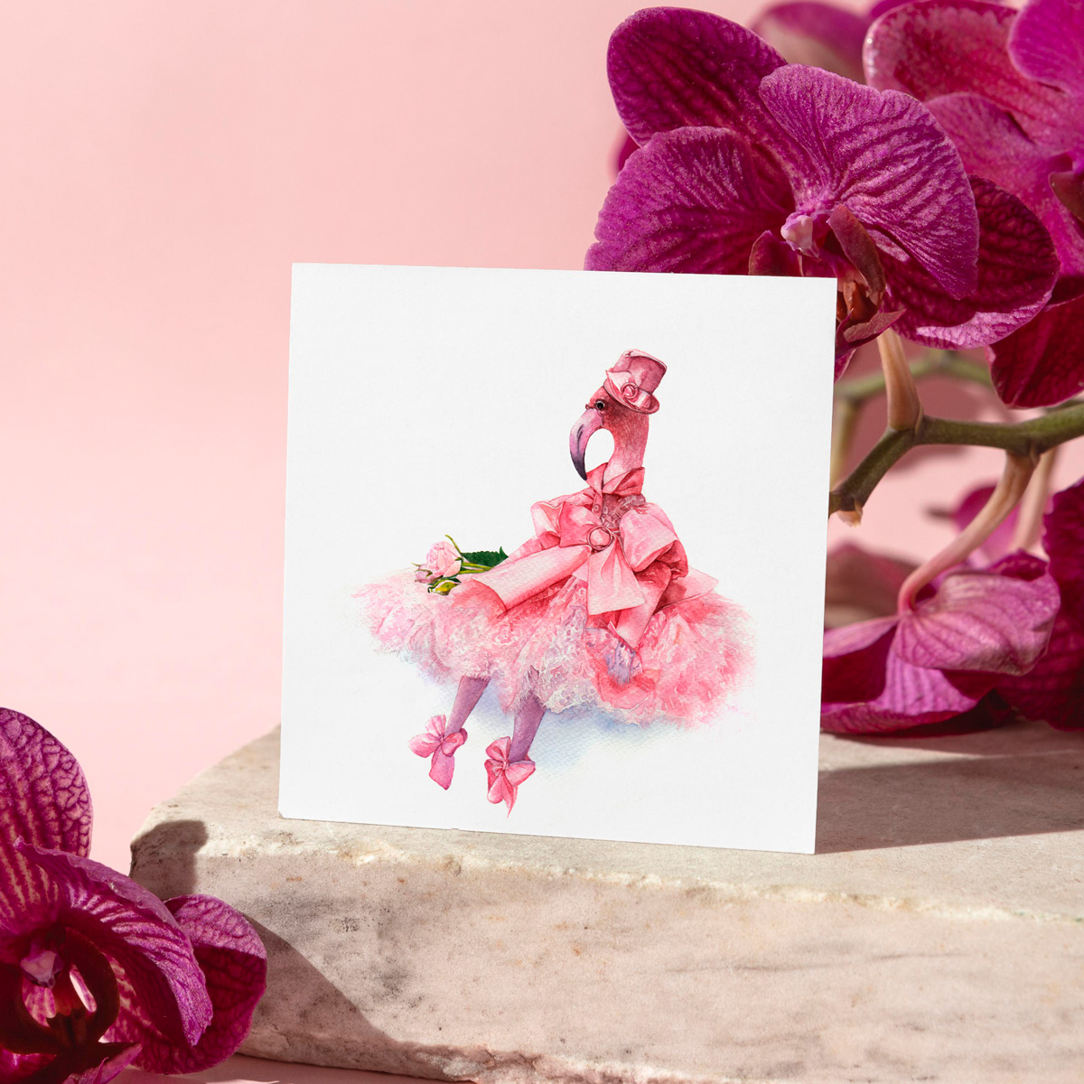 watercolor painting toy flamingo in a dress