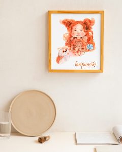 watercolor drawing of a red-haired doll to order