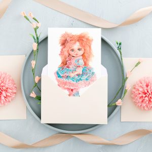 watercolor postcard with a blythe doll in a pink dress