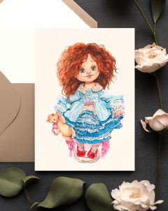 watercolor card with a red-haired doll in a blue dress