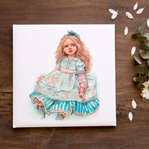beautiful doll in a blue dress shabby chic watercolor drawing