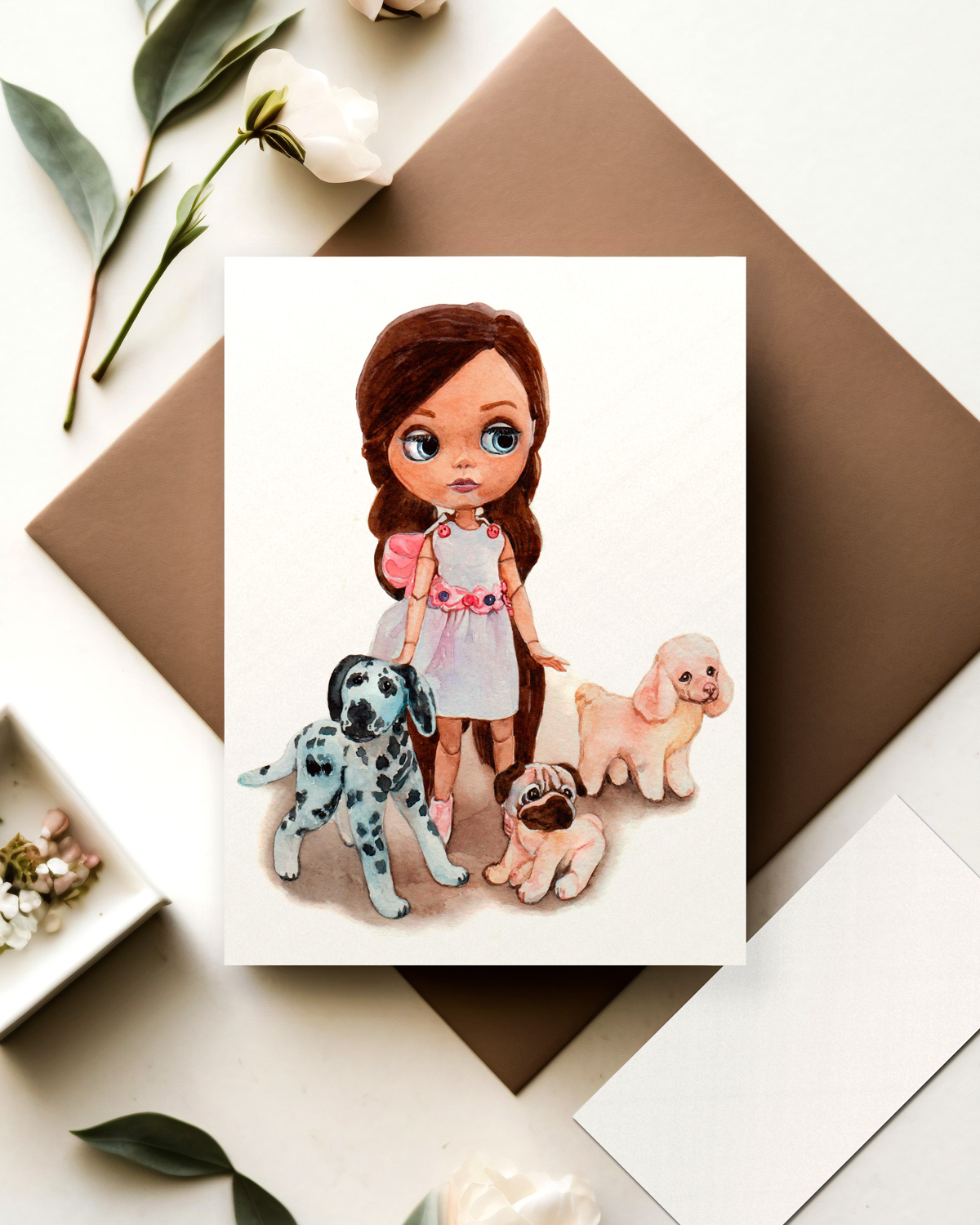 watercolor card with blythe doll and dogs